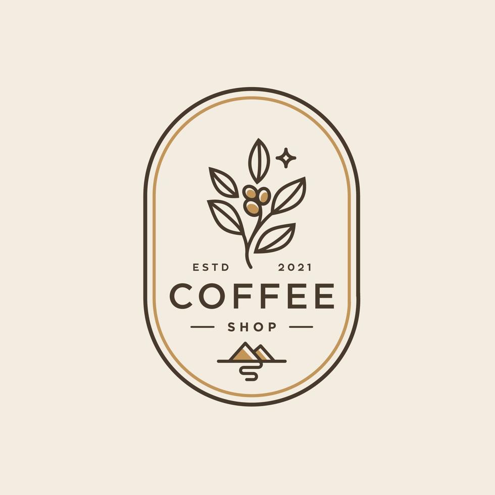 Café-Logo. Retro-Abzeichen Kaffeebohne und Blattzweig mit natürlichem Bergsymbol Linienstempel-Logo-Vektordesign im modernen Stil des Vintage-Hipsters, Premium-Coffee-Shop-Bar-Markensymbol-Symbol vektor