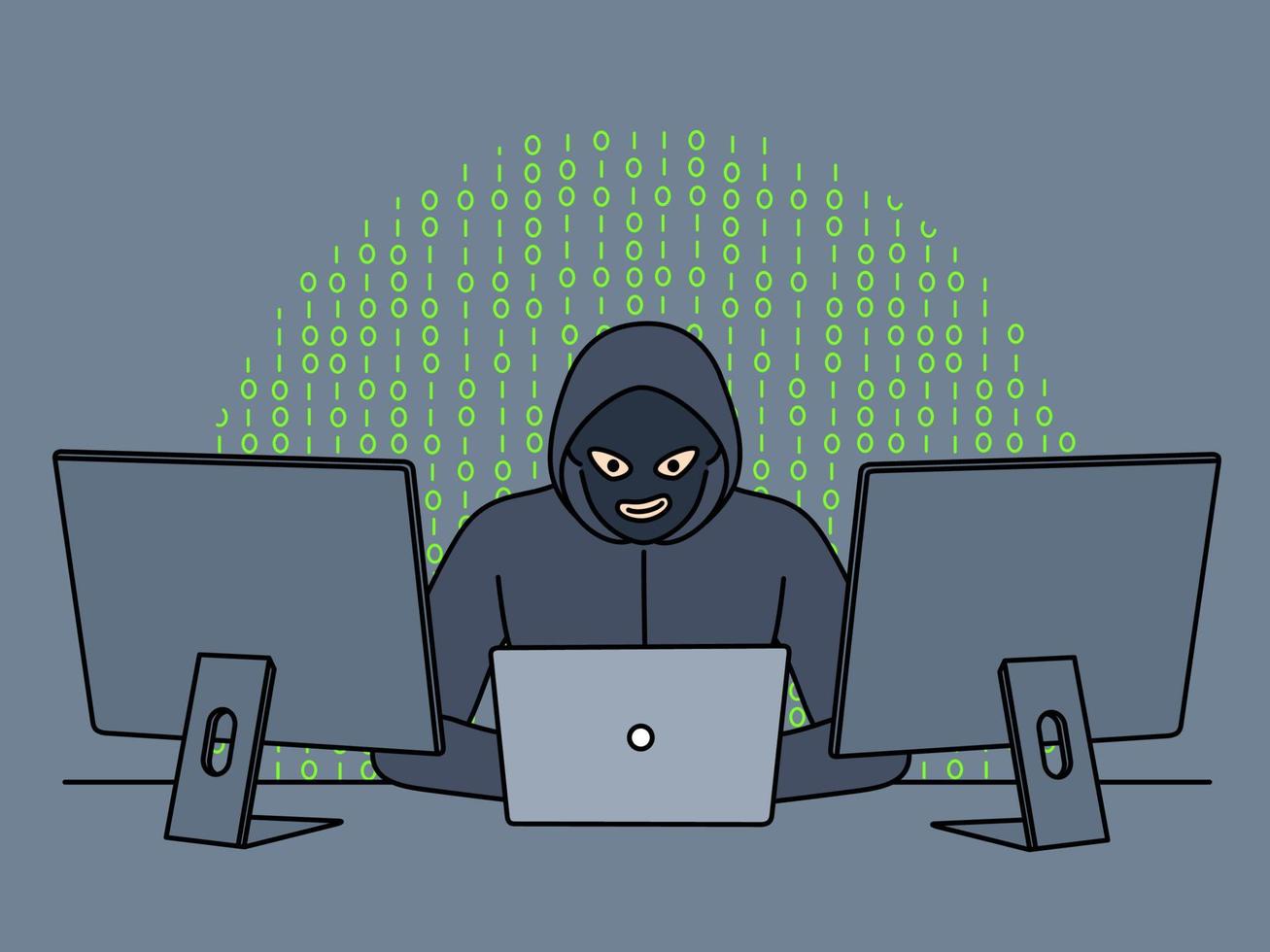 manlig hacker i luvtröja och mask sitta på tabell arbete på datorer stjäla personlig information. anonym kriminell hacka program och webbplatser på st. vektor illustration.