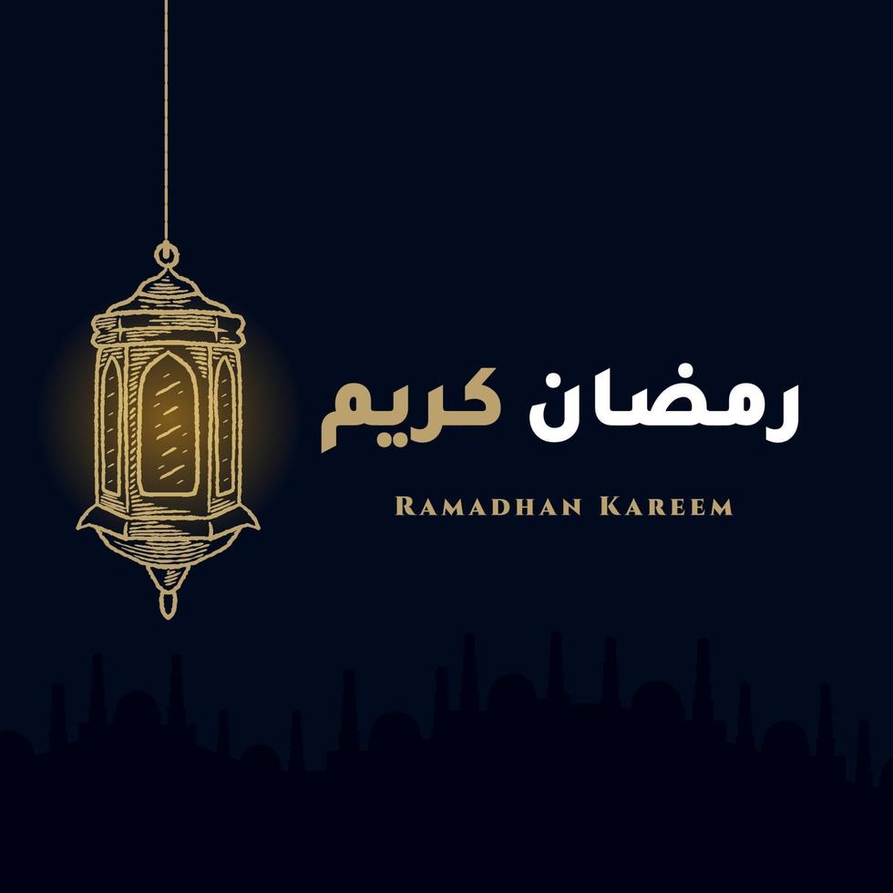 Ramadan Kareem Grußkarte mit goldener Laternenskizze und arabischer Kalligraphie bedeutet Holly Ramadan. Weinlesehand gezeichnet auf Marinehintergrund. vektor