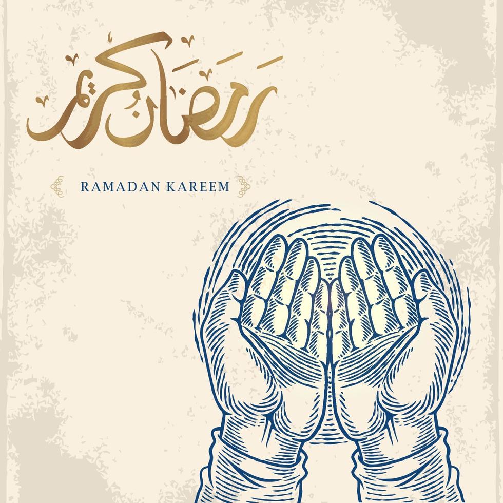 ramadan kareem grußkarte mit betender handskizze und goldener arabischer kalligraphie bedeutet holly ramadan. isoliert auf weißem Hintergrund. skizzieren elegantes Design. vektor