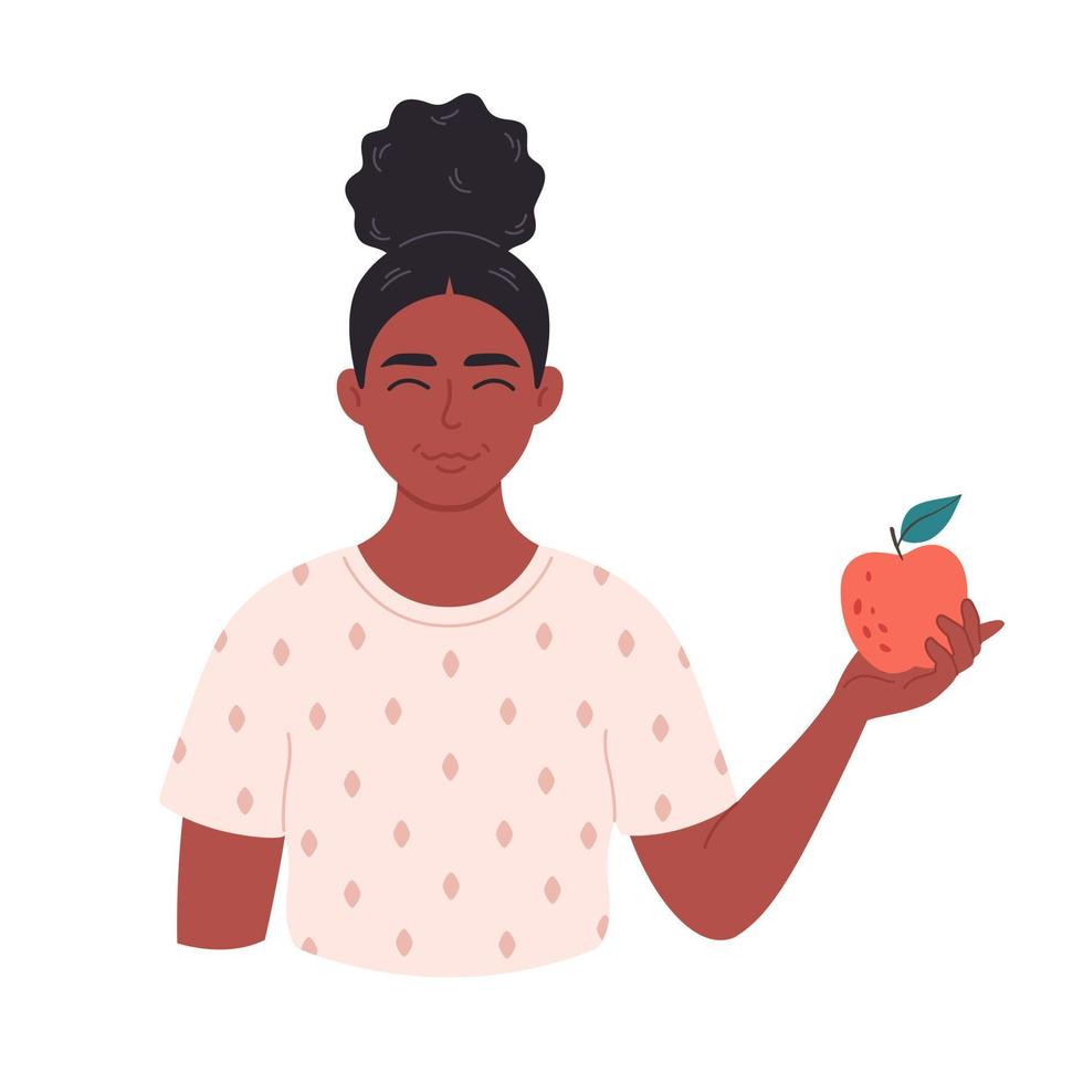 leende svart kvinna med äpple. friska mat, rätt näring, vegetarian, vegan vektor