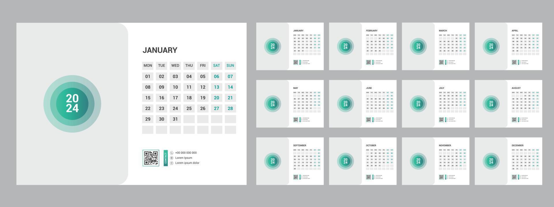 2024 Kalender Planer einstellen zum Vorlage korporativ Design Woche Start auf Sonntag. vektor