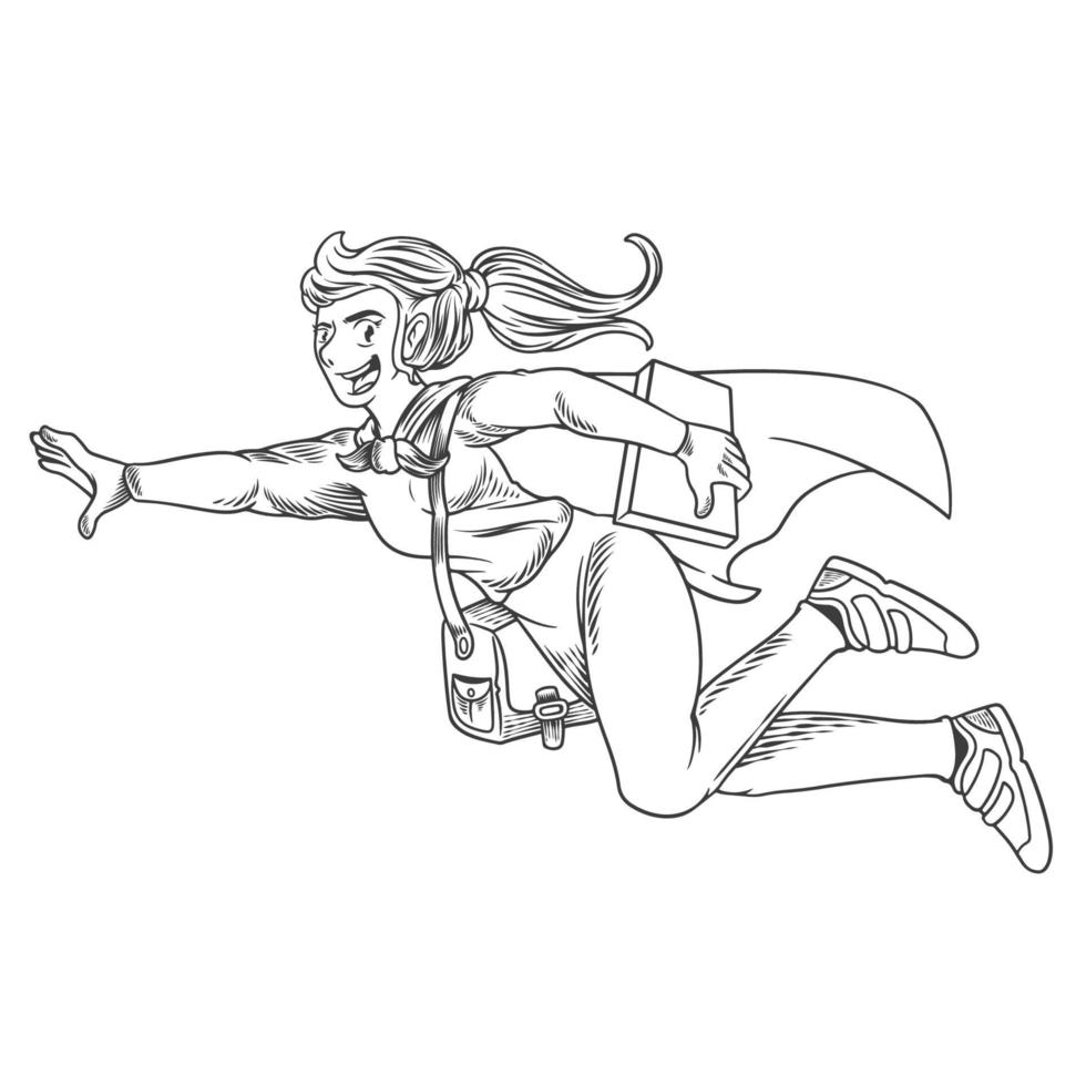 Mädchen Superheld fliegt in einem futuristischen Raumanzug. eine lächelnde Frau Superheld fliegen zur Schule tragen Taschen und Bücher in Schwarz-Weiß-Skizze Gekritzel Kunst Vintage Retro-Vektor-Illustration vektor
