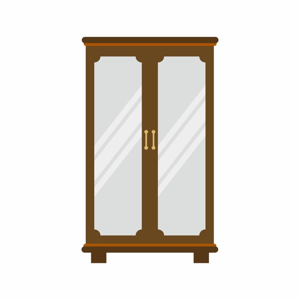 Vintage Holzgarderobe mit Spiegel und Goldgriff lokalisiert auf weißem Hintergrund. klassische Möbel für die Schlafzimmerdekoration im flachen Cartoon-Stil. Raum Innenarchitektur Element. Vektorillustration vektor