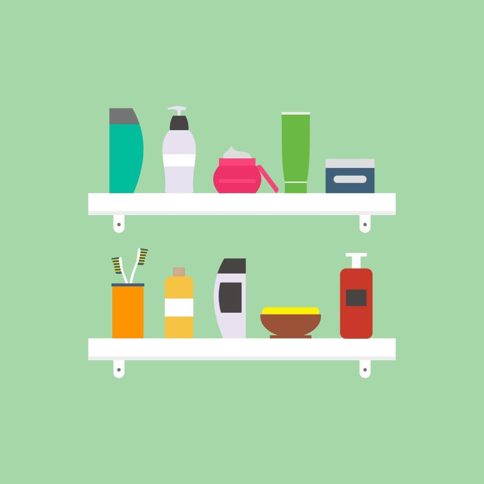 personlig hygien leveranser. badrumshyllor med tvål, tandborste, tandkräm, schampo, ansiktsvask och kroppsskrubb. hygien och vård i platta ikoner designelement. vektor tecknad illustration.