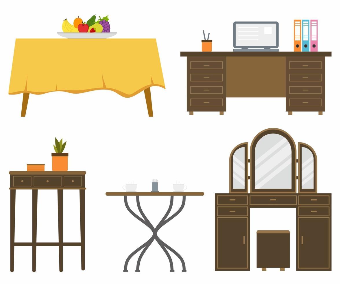 uppsättning av olika vardagsrumsbord, inkluderar skrivbord för hemmakontor, matbord, byrå, hörnbord och soffbord i platt stil. interiör möbler koncept. vektor grafisk formgivningsmall