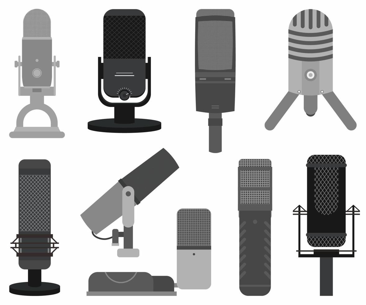 podcastmikrofon ikonuppsättning. musikstudio podcast högtalare vektor emblem samling. olika modeller inspelningsstudiosymbol