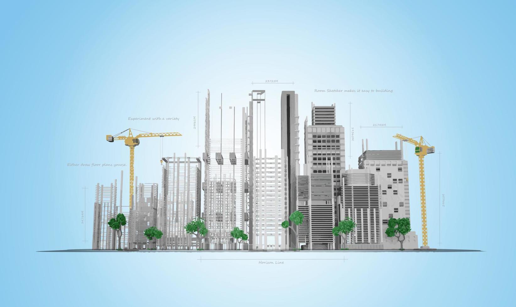 Wolkenkratzer im Bauprozess auf den Blaupausen. zeichnung city.vector illustration vektor