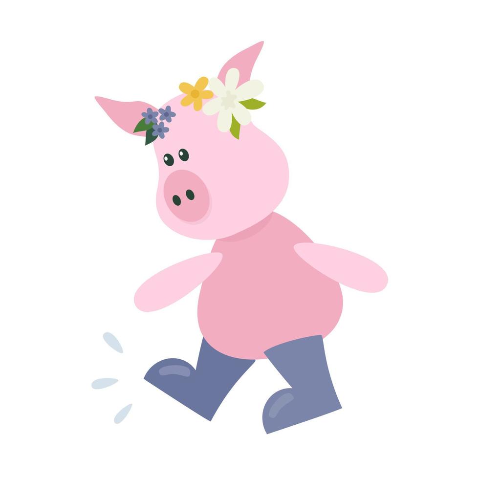 süß Karikatur Schwein mit Stiefel und Blume Kranz im eben Stil. Frühling Charakter. Vektor Illustration