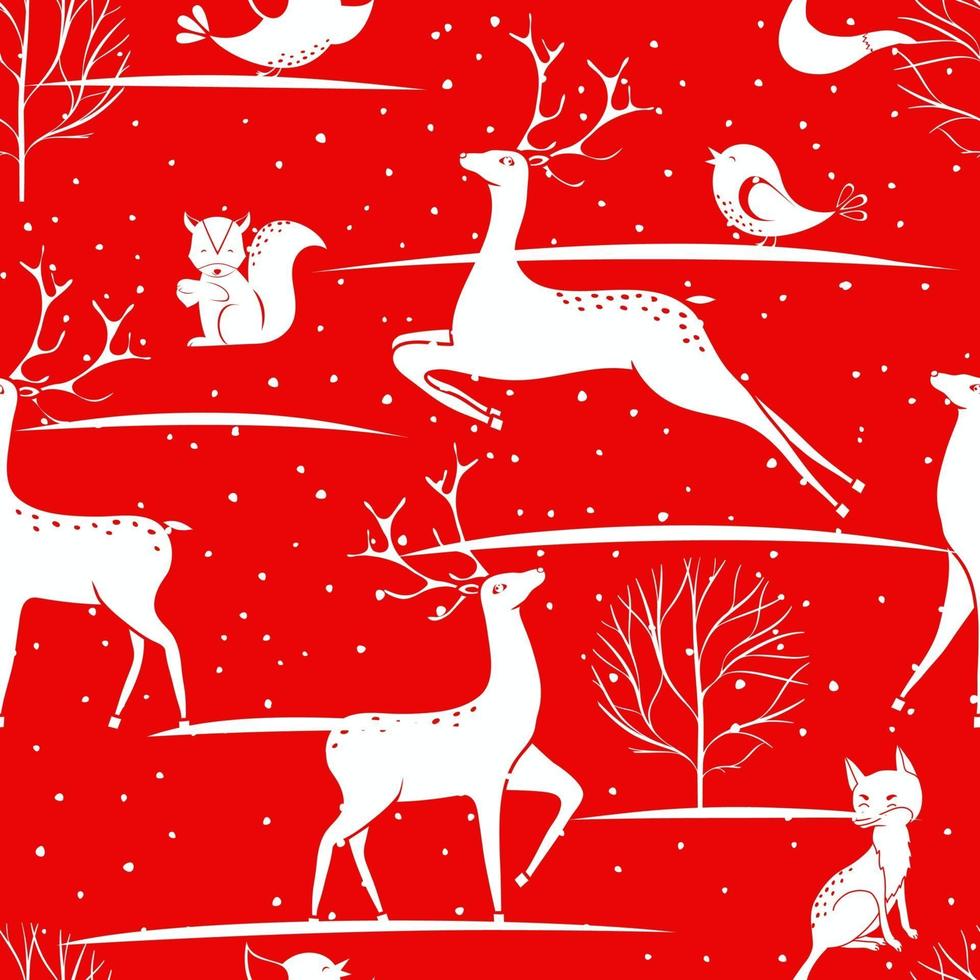 nahtloses Weihnachtsmuster - Hirsche, Füchse, Vögel, Eichhörnchen mit Schneeflocken. rotes frohes neues Jahr Hintergrund. Vektordesign für Stoff- und Küchentextil. vektor