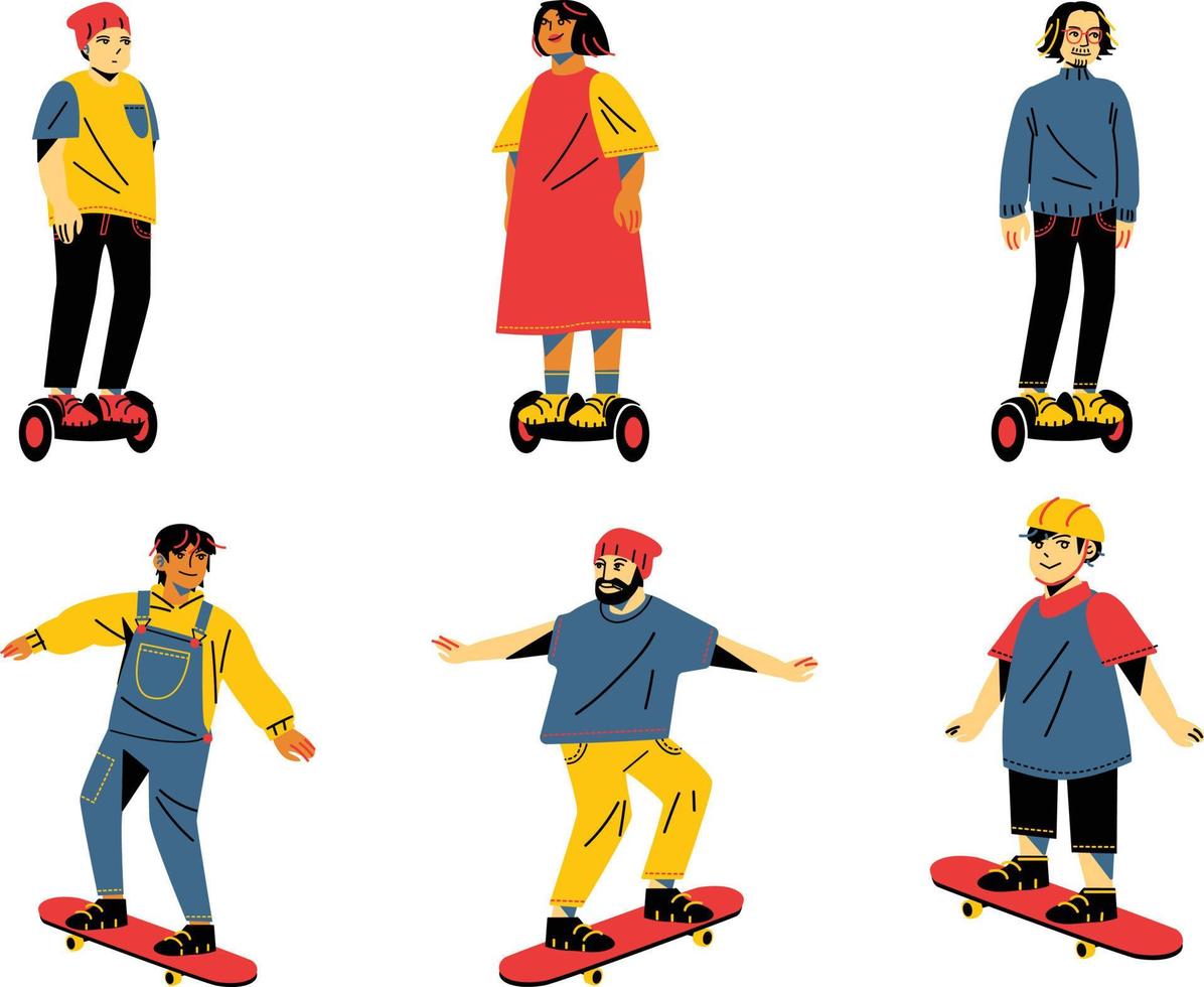 einstellen von Karikatur Menschen Mann auf Skateboard Vektor
