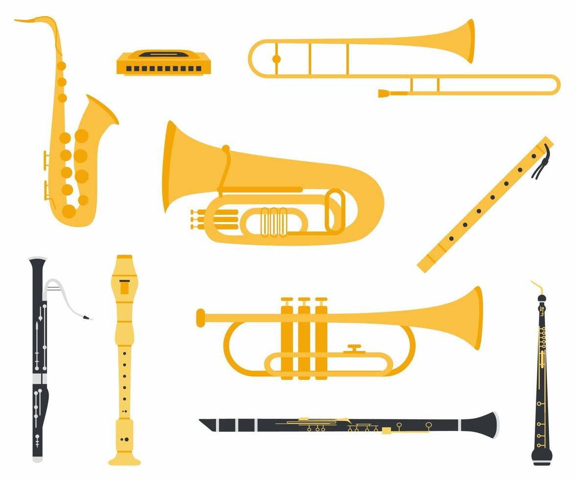 uppsättning av musikinstrument med olika typer, inklusive klarinett, obo, saxofon, flöjt, trumpet, trombon, munspel, tuba, fagott och träflöjt. musikinstrument platt vektor