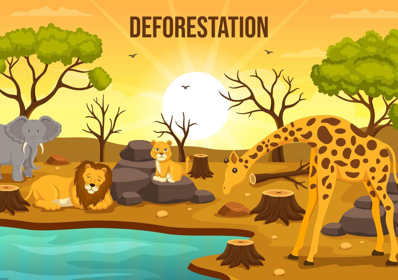 avskogning illustration med träd i de fällda skog och brinnande in i förorening orsakar de utdöende av djur i tecknad serie hand dragen mallar vektor