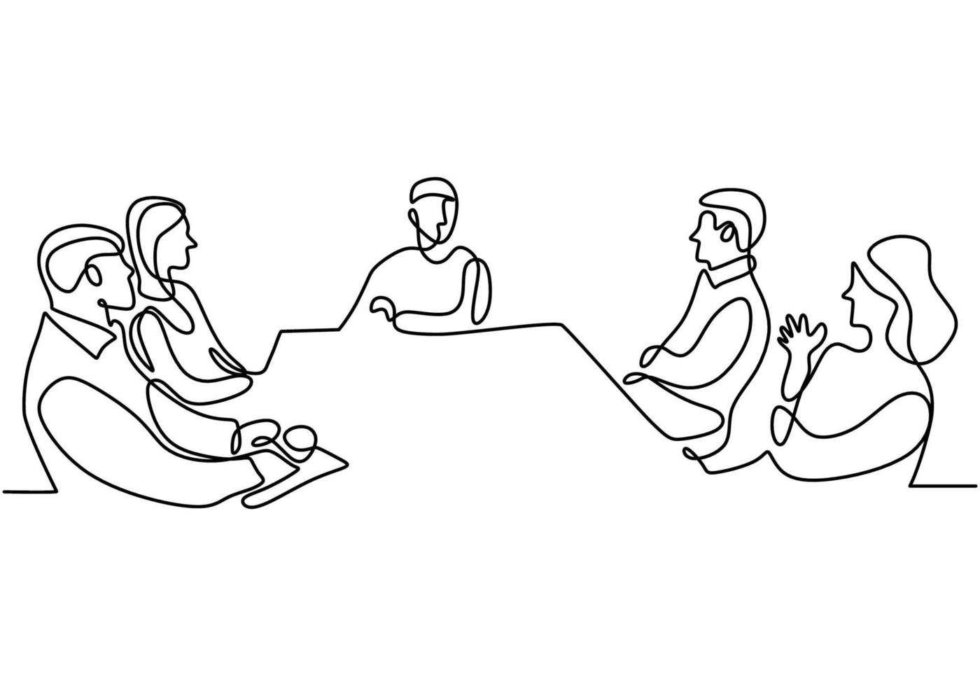 kontinuerlig ritning av en grupp affärsmän som diskuterar i konferensrummet. professionellt ungt affärslag talar nytt projekt isolerad på vit bakgrund. vektor illustration