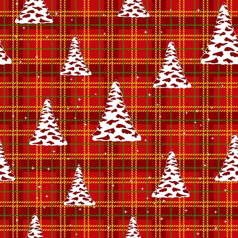 sömlös julmönster - träd med stjärnor på röd cell bakgrund. vektordesign för tyg- och kökstextil. vektor