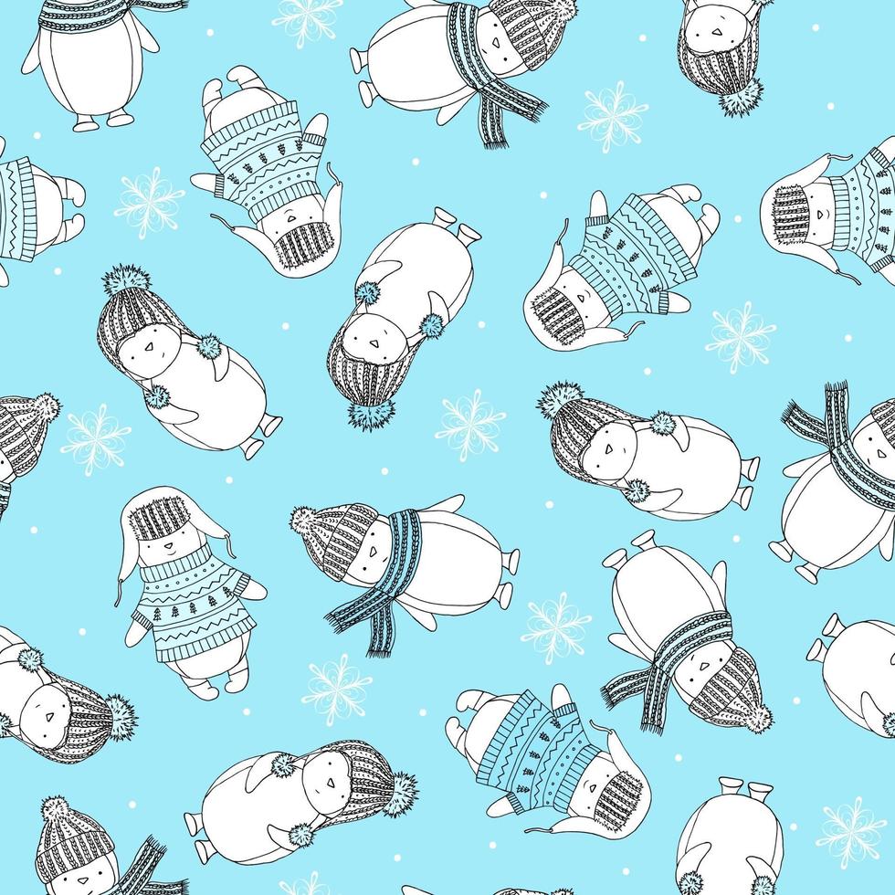 nahtloses Muster mit lustigen Pinguinen in gestrickter Kleidung und Schneeflocken. Frohe Weihnachten Muster blau. vektor