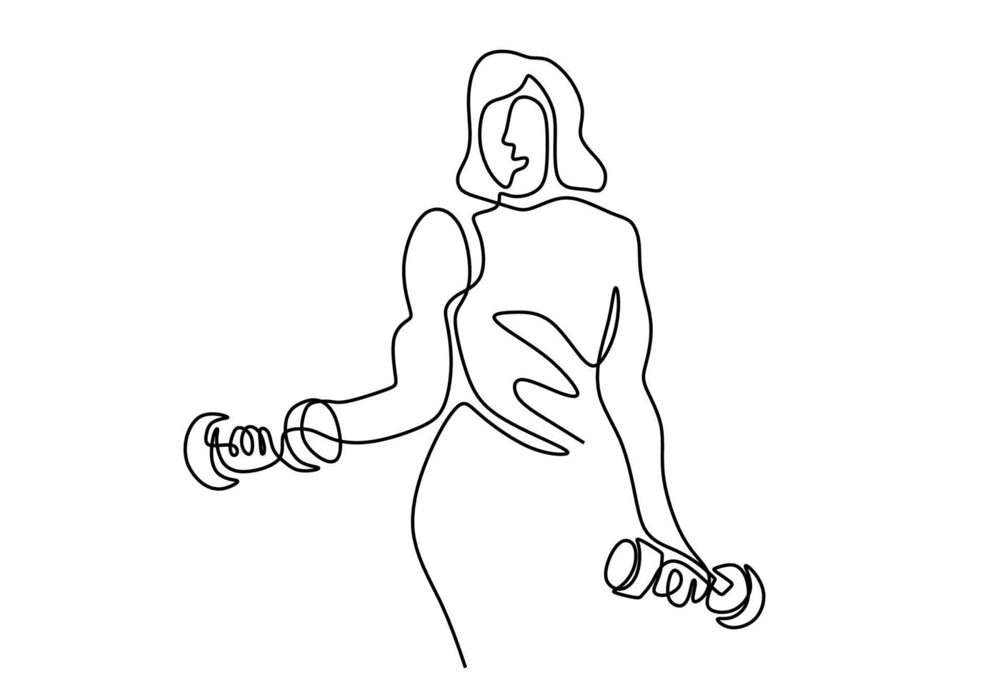 kontinuerlig ritning av en stark kvinna som lyfter vikter. ung energisk tjejövning som lyfter skivstång i gymmet. knäböj med skivstång linjärt designelement. vektor illustration