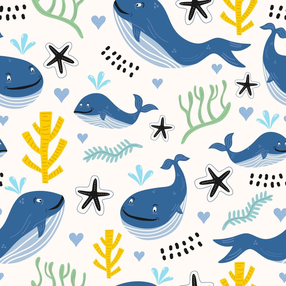 nahtlose Musterwale mit Algen und Korallenriffen. handgezeichnete farbige niedliche kindliche Wale im Meer. Ozean Tiere Konzept. kindliche Textur für Stoff, Textil, Bekleidung. Vektorillustration vektor