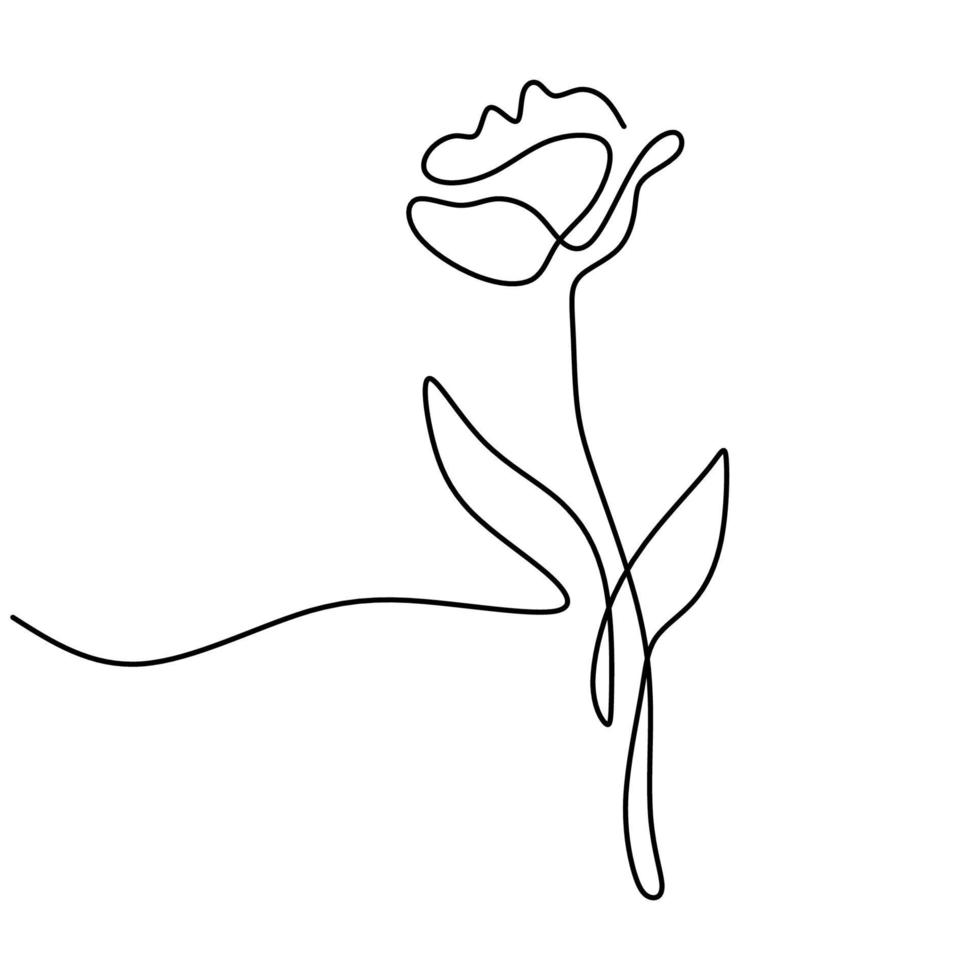 tulpanblomma en kontinuerlig linjekonst minimalistisk konturteckning. vår blommig designelement isolerad på vit bakgrund. vacker blommande naturlig blomma med blad. vektor illustration