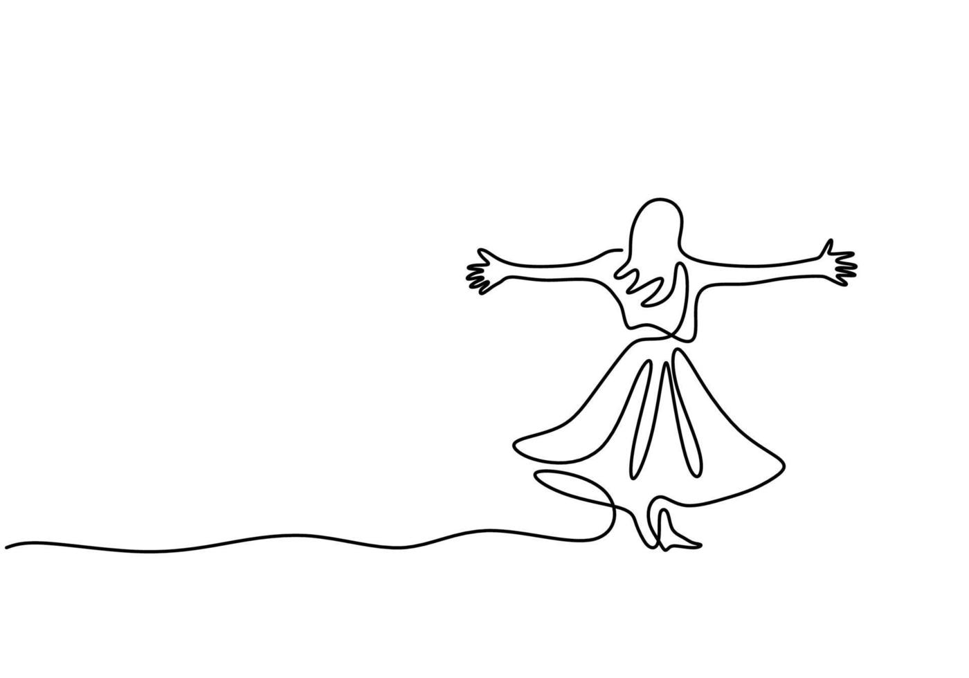 kontinuierliche Strichzeichnung der Frau mit langem Kleid. schöne Frau, die elegantes Kleid trägt und glückliche Ausdruckspose zeigt. glücklicher Frauentag. feminines Modekonzept. Vektorillustration vektor