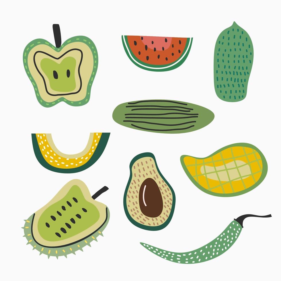uppsättning färsk frukt isolerad på vit bakgrund. sortiment av olika frukter inkluderar äpple, vattenmelon, papaya, mango, avokado, granatäpple, chili, gurka. vektor illustration