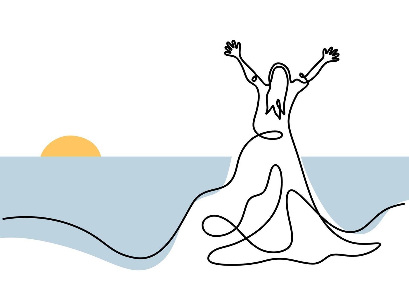 kontinuerlig linje ritning av kvinna med lång klänning. vacker kvinnlig bärklänning som står på stranden och visar lyckligt uttryck utgör. glad kvinnas dag. feminint modekoncept. vektor illustration