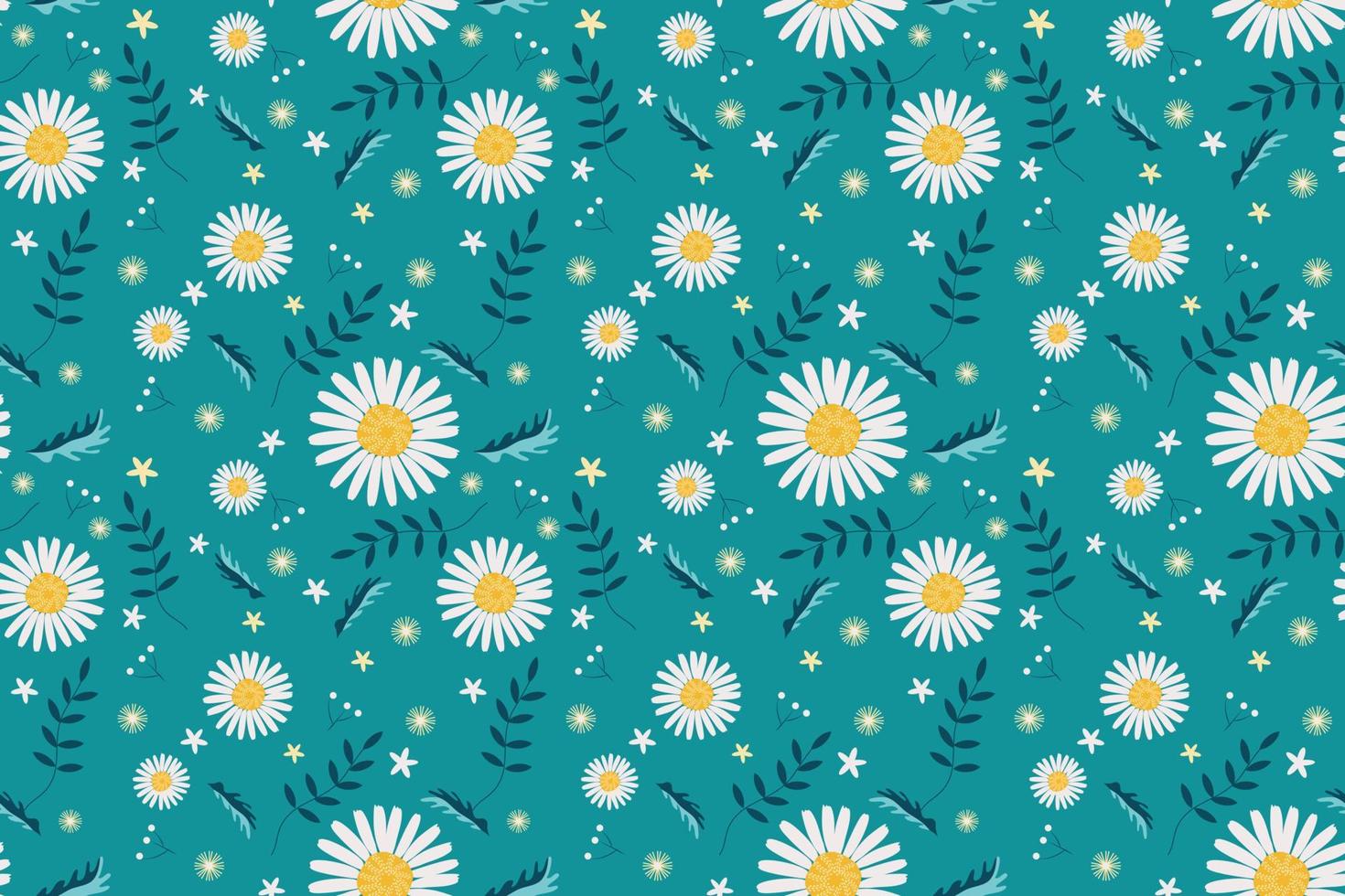 daisy blomma sömlös mönster vit blomma på blå grön bakgrund med grön löv äng fält design för mode textil- tyg interiör omslag papper etc. vektor