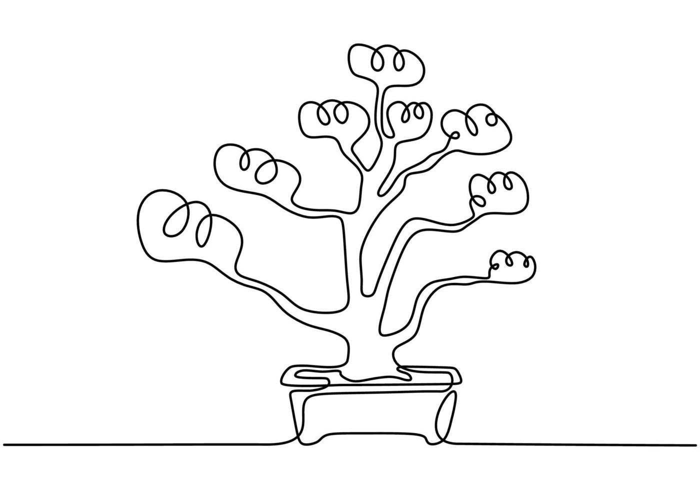 ett bonsaiträd i kruka en kontinuerlig linjeteckningsvektor isolerad på vit bakgrund med minimal design. dekorativa gamla miniatyrväxter för heminredning. krukväxt koncept vektor