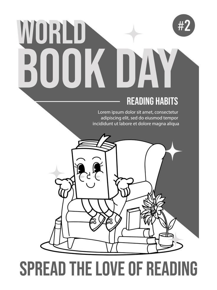 glücklich Welt Buch Tag. lesen Gewohnheiten. sitzen auf das Couch sw. 70er Jahre Karikatur Stil. vektor