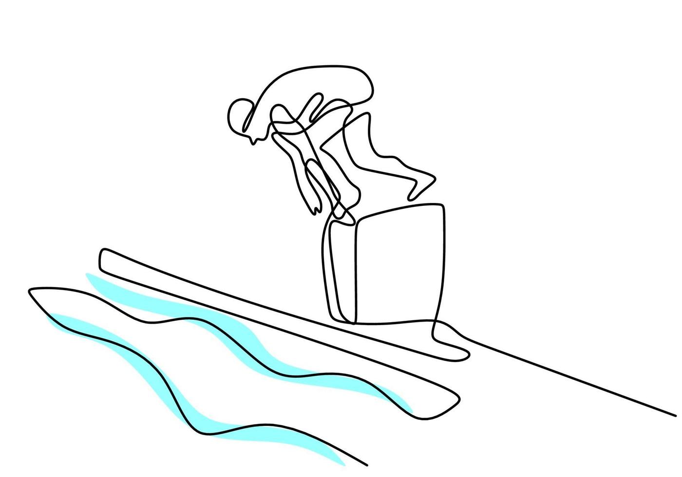 kontinuierliche einzeilige Zeichnung des jungen sportlichen Fitschwimmers, der bereit ist, zum Schwimmbad-Innenpool-Sportzentrum zu springen, das auf weißem Hintergrund lokalisiert wird. gesunder Lebensstil und Sportkonzept. Vektorillustration vektor