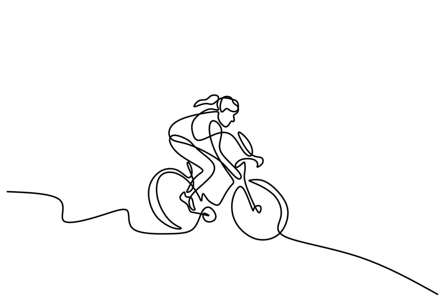 kontinuerlig linje ritning av ung energisk sportig kvinna cykel racer fokus träna hennes skicklighet på cykelbana. atletisk flicka som trampar på sin cykel så snabbt. väg cyklist koncept. vektor illustration