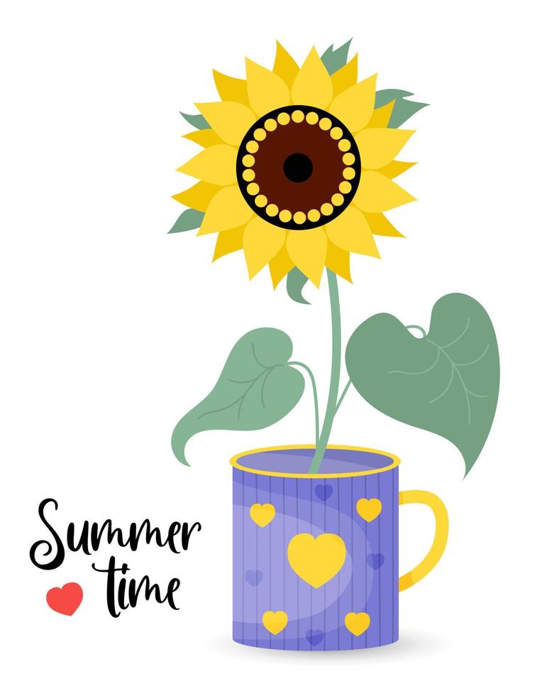 schön Blühen Sonnenblume im Tasse. Poster Sommer- Zeit. Vektor Illustration. Bauernhof Pflanze Gelb Blume mit Blätter.