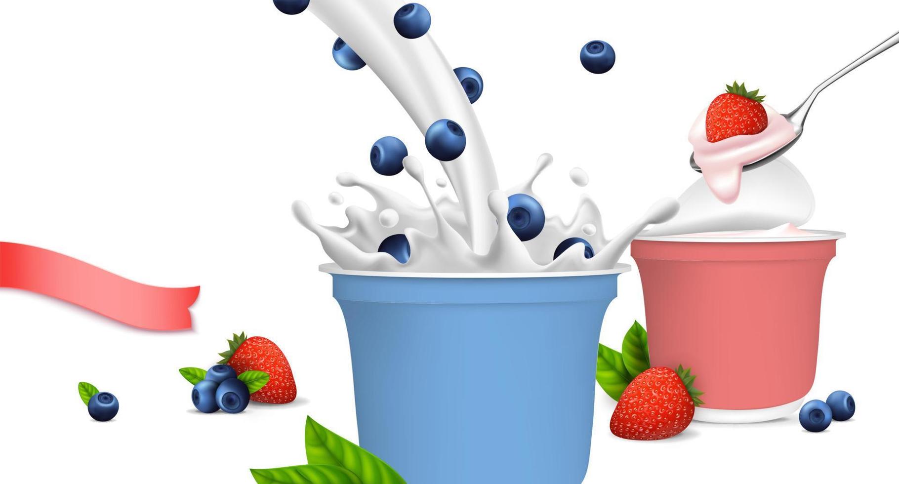 realistisk detaljerad 3d naturlig jordgubb och blåbär grekisk yoghurt. vektor