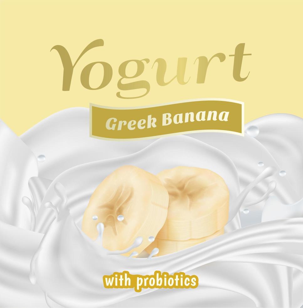 griechisch Banane Joghurt mit Probiotika Spritzen Etikette Abzeichen Vorlage. Vektor