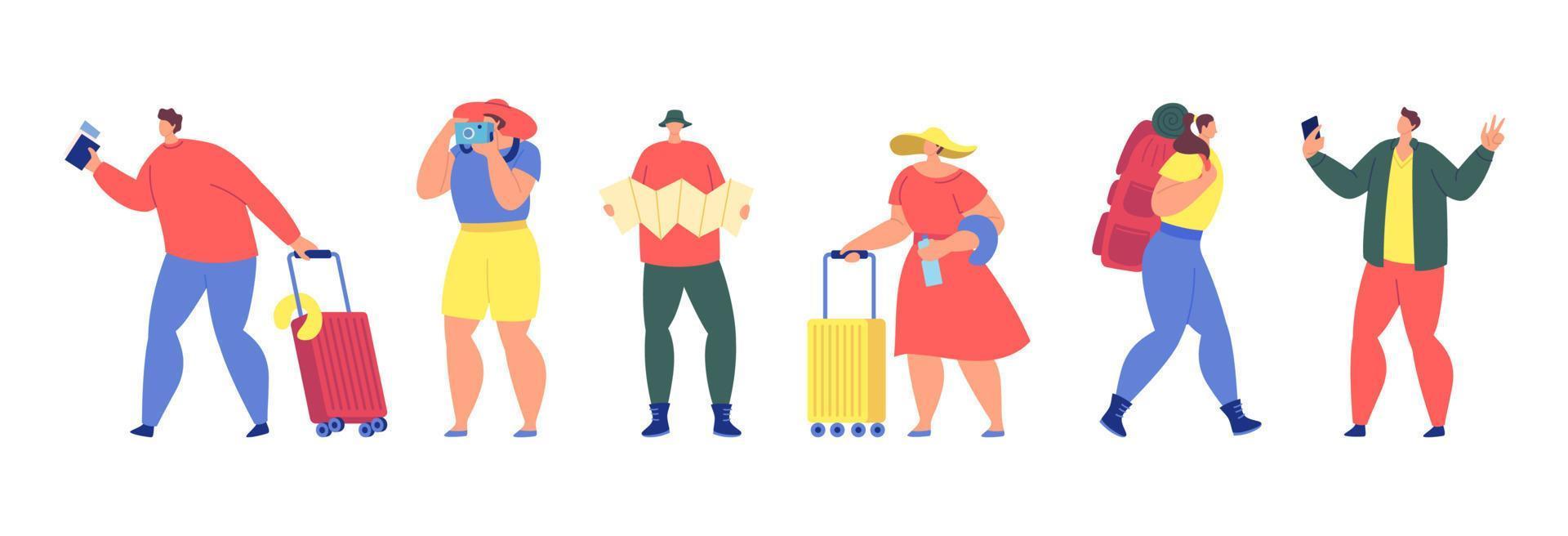Karikatur Farbe Zeichen Menschen und Touristen Reisende Konzept. Vektor