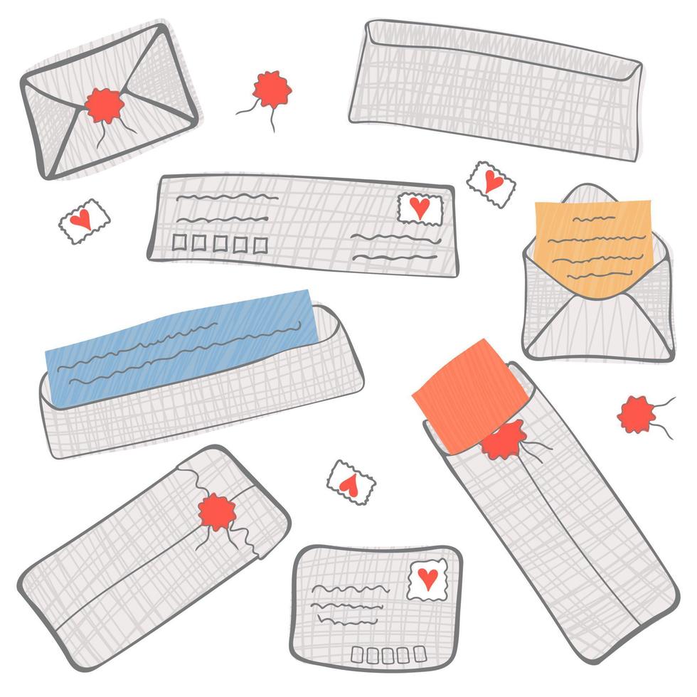 uppsättning av post kuvert, posta kort, posta frimärken och hantverk papper brev vektor