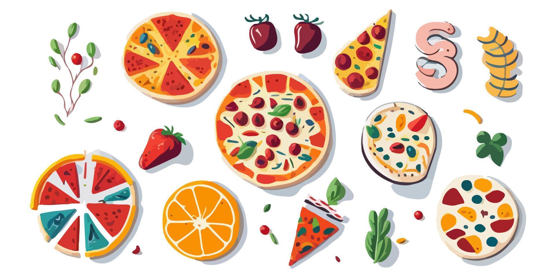 färgrik pizza skivor i en låda, platt vektor grafisk design