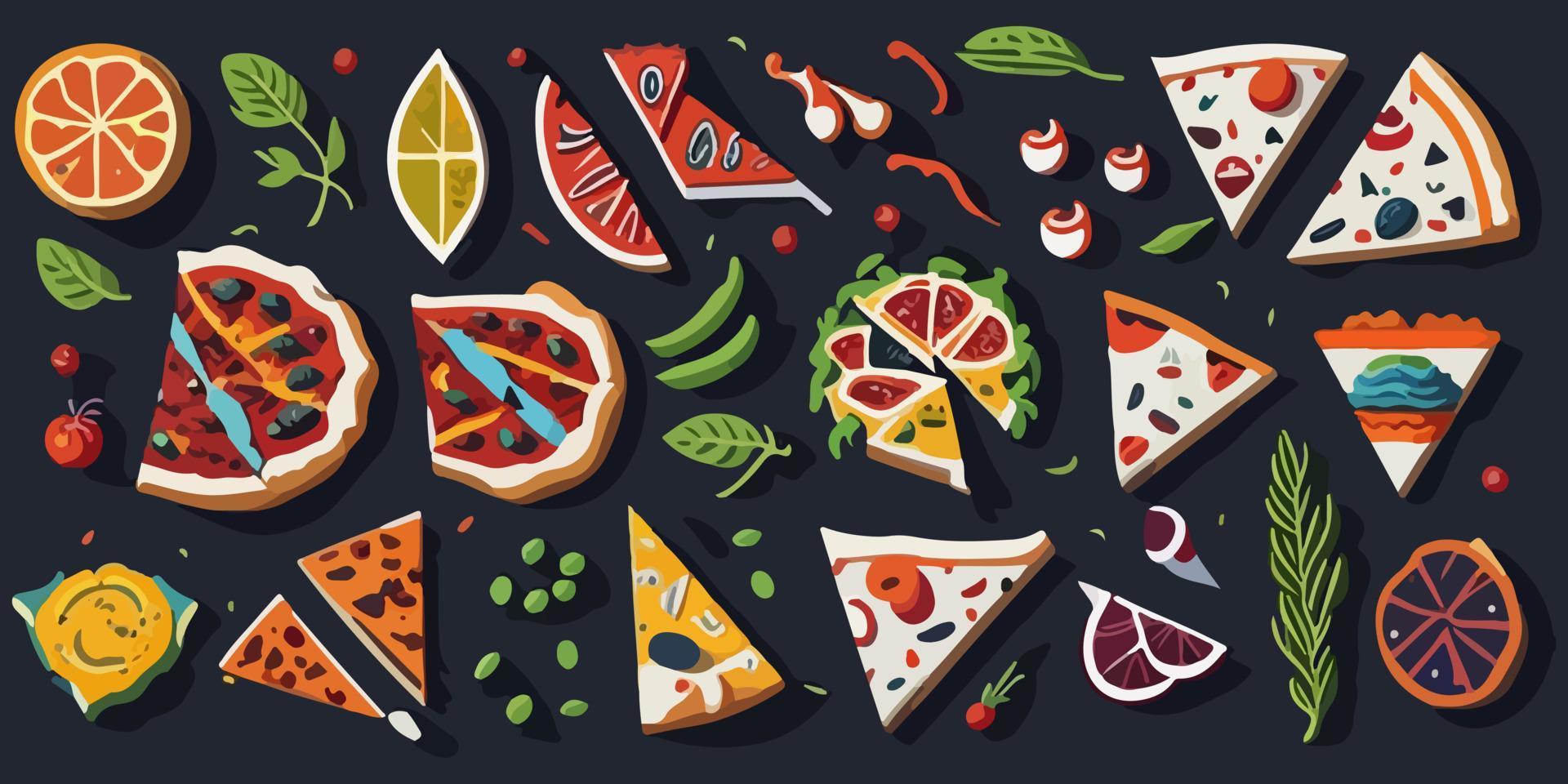 utsökt och välsmakande platt vektor illustration av färgrik pizza buntar