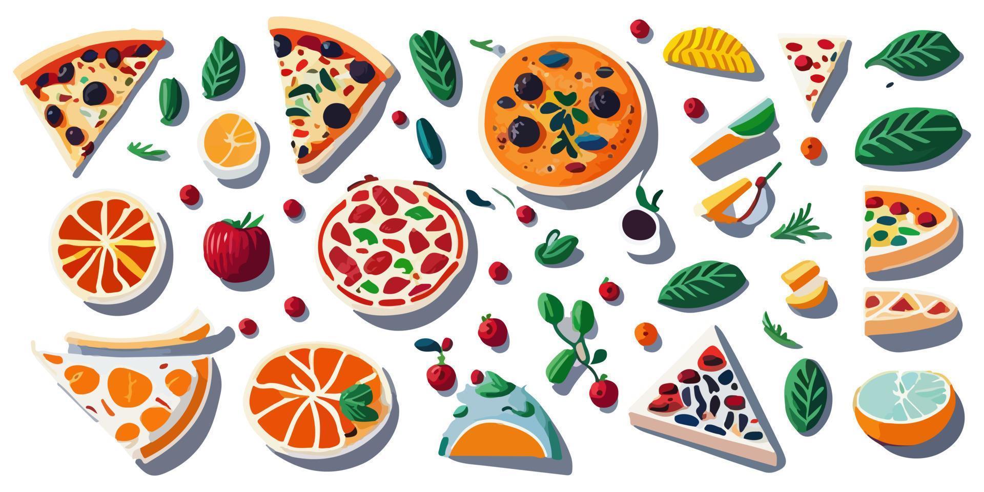 uppfylla din begär med dessa aptitretande platt vektor pizza grafik
