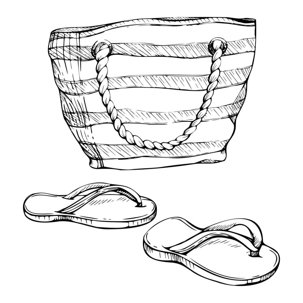 Hand gezeichnet Vektor Tinte Elemente. gestreift Strand Segeltuch Tasche, Zubehör, Flip Flops Sandalen. isoliert auf Weiß Hintergrund. Design Mauer Kunst, Hochzeit, drucken, Stoff, Abdeckung, Karte, Tourismus, Reise Broschüre.