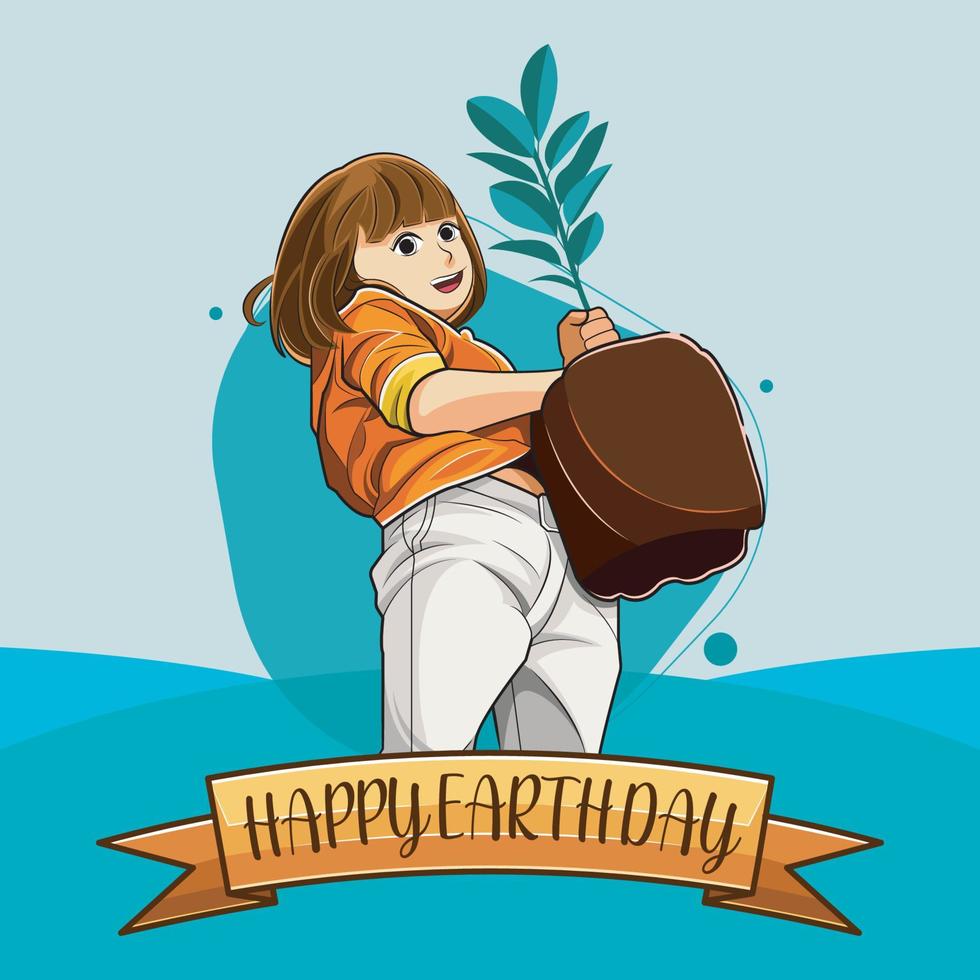 glücklich Erde Tag mit ein Mädchen Pflanzen ein Baum Vektor Illustration Profi herunterladen