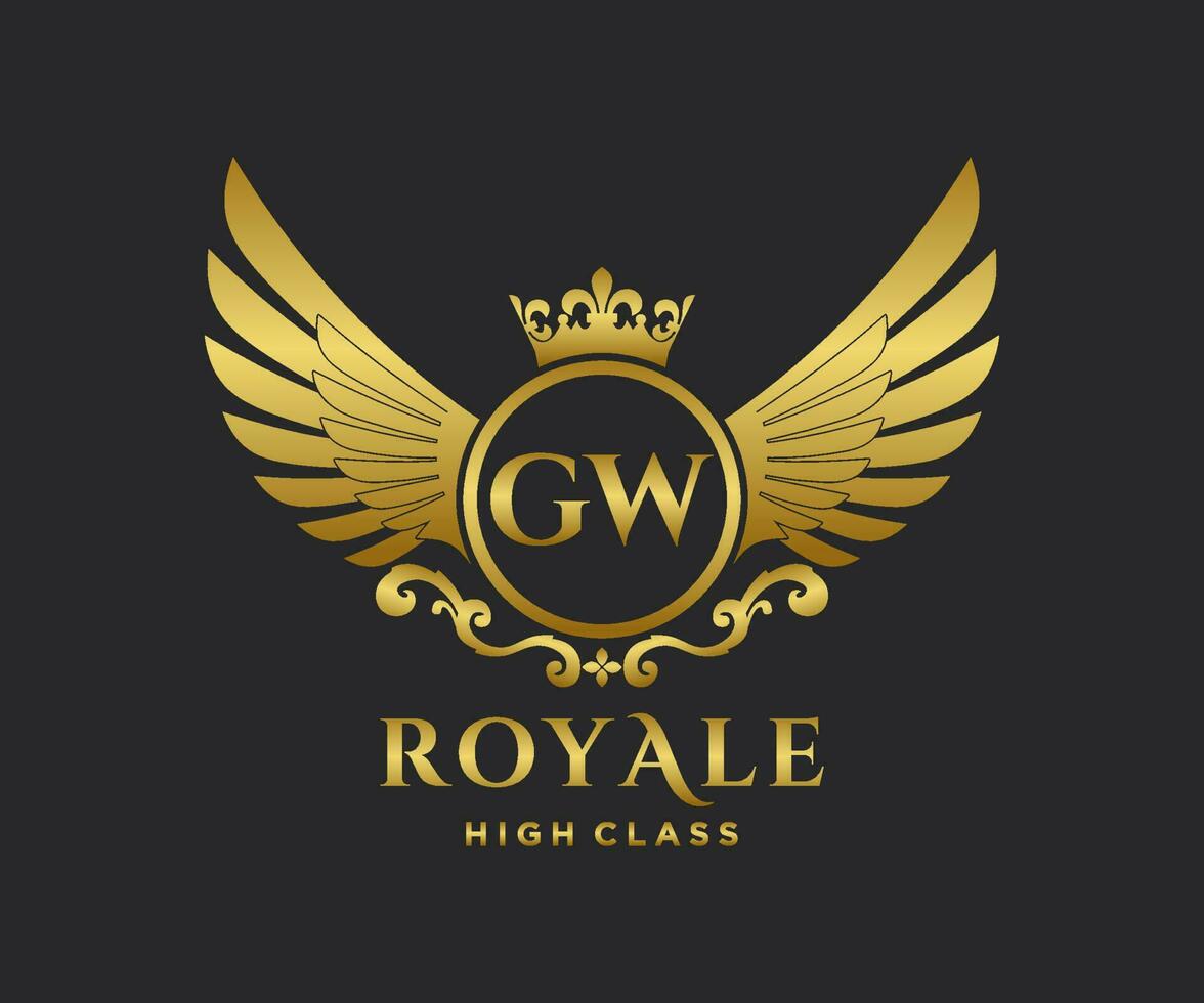 gyllene brev gw mall logotyp lyx guld brev med krona. monogram alfabet . skön kunglig initialer brev. vektor