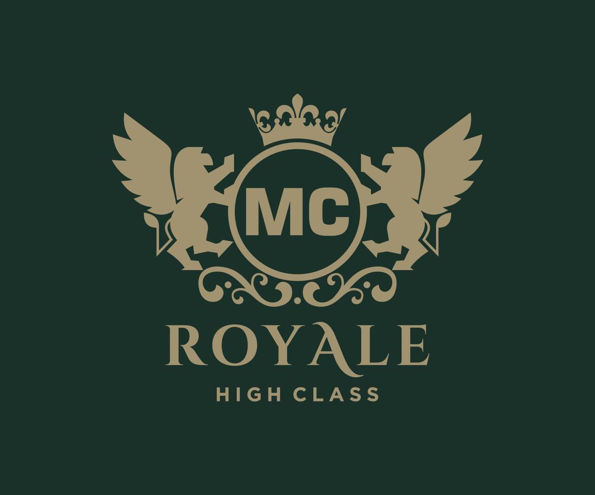 gyllene brev mc mall logotyp lyx guld brev med krona. monogram alfabet . skön kunglig initialer brev. vektor