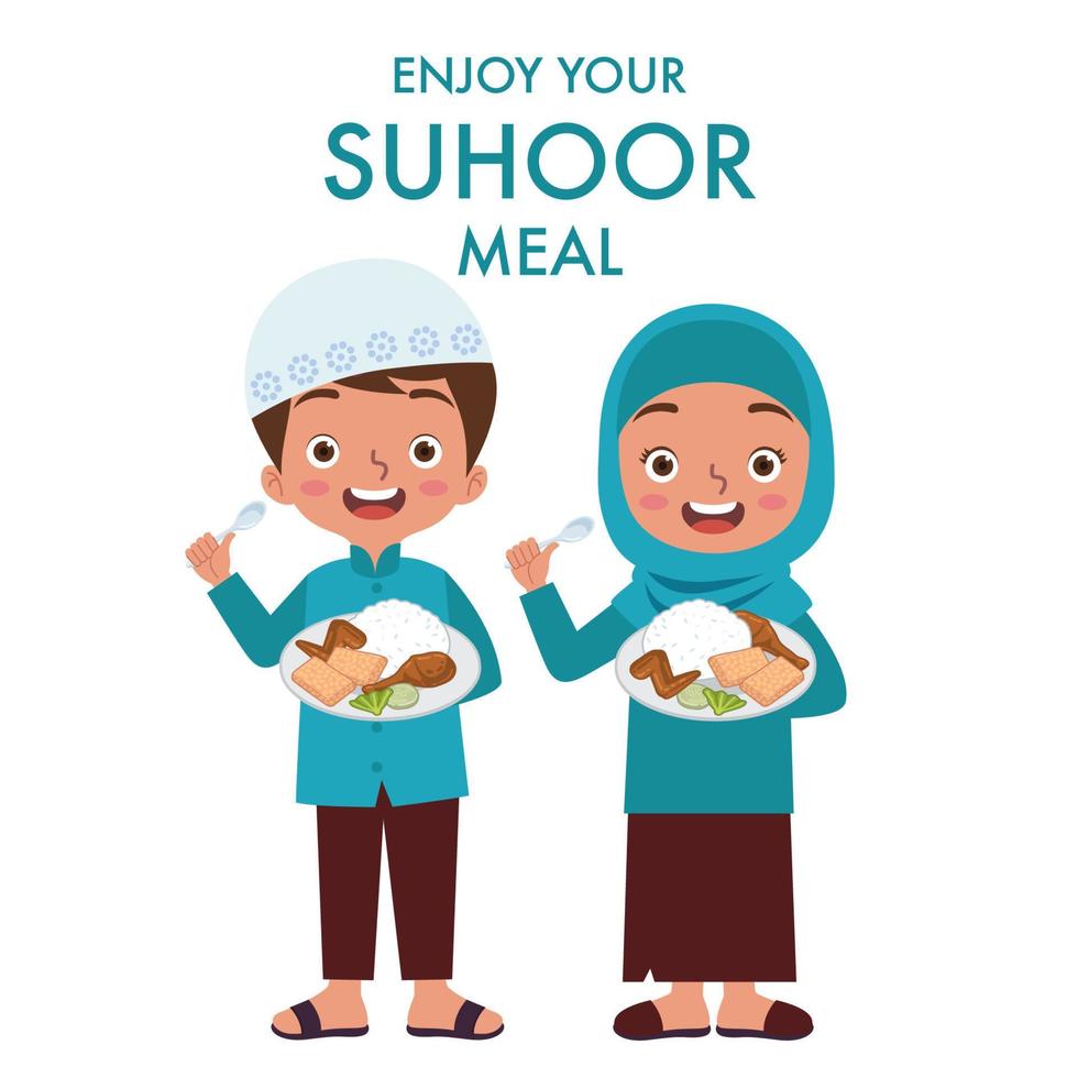 Illustration oder Vektor von zwei jung Muslim Mädchen und Junge sind bereit zu Essen ihr suhoor Mahlzeit mit ein Teller gefüllt mit Lebensmittel auf ihr Hand.