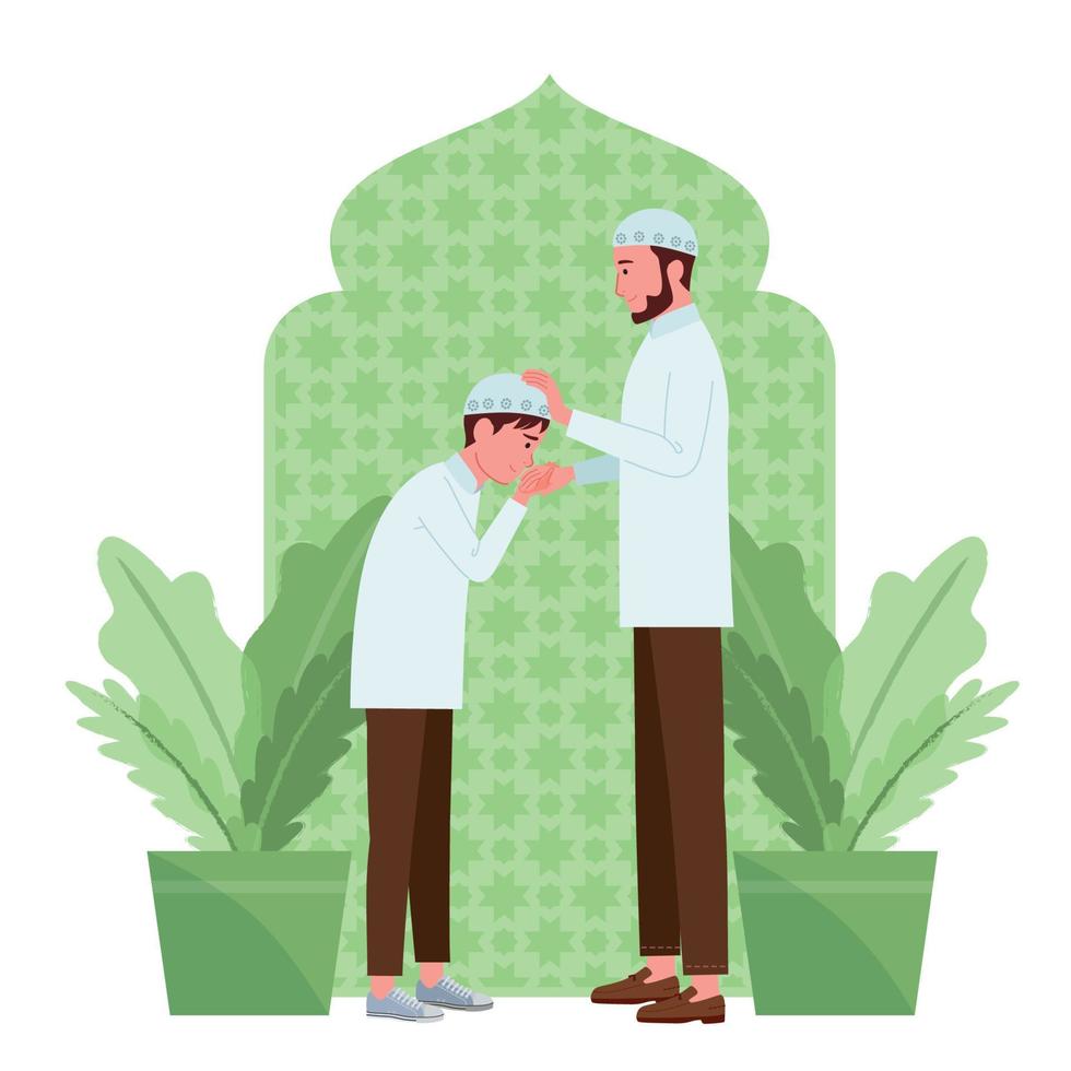 en muslim pojke är kissing hans fars hand medan hans fars otjer hand stroke de barnets huvud, med islamic tema bakgrund. vektor