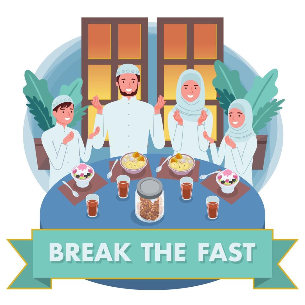 ein Muslim Familie bestehend aus von Eltern und ihr Kinder ist rezitieren Gebete zu brechen ihr schnell Vor Essen ihr Essen oder Getränke. vektor