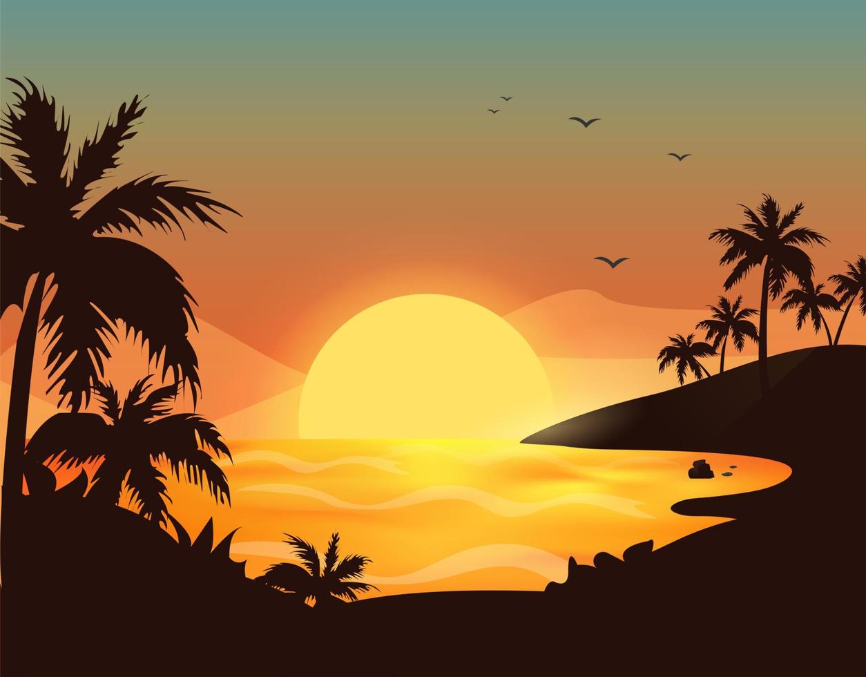 Sonnenuntergang Über das Ozean, Palme Bäume im das Schatten, Ferien durch das Meer vektor