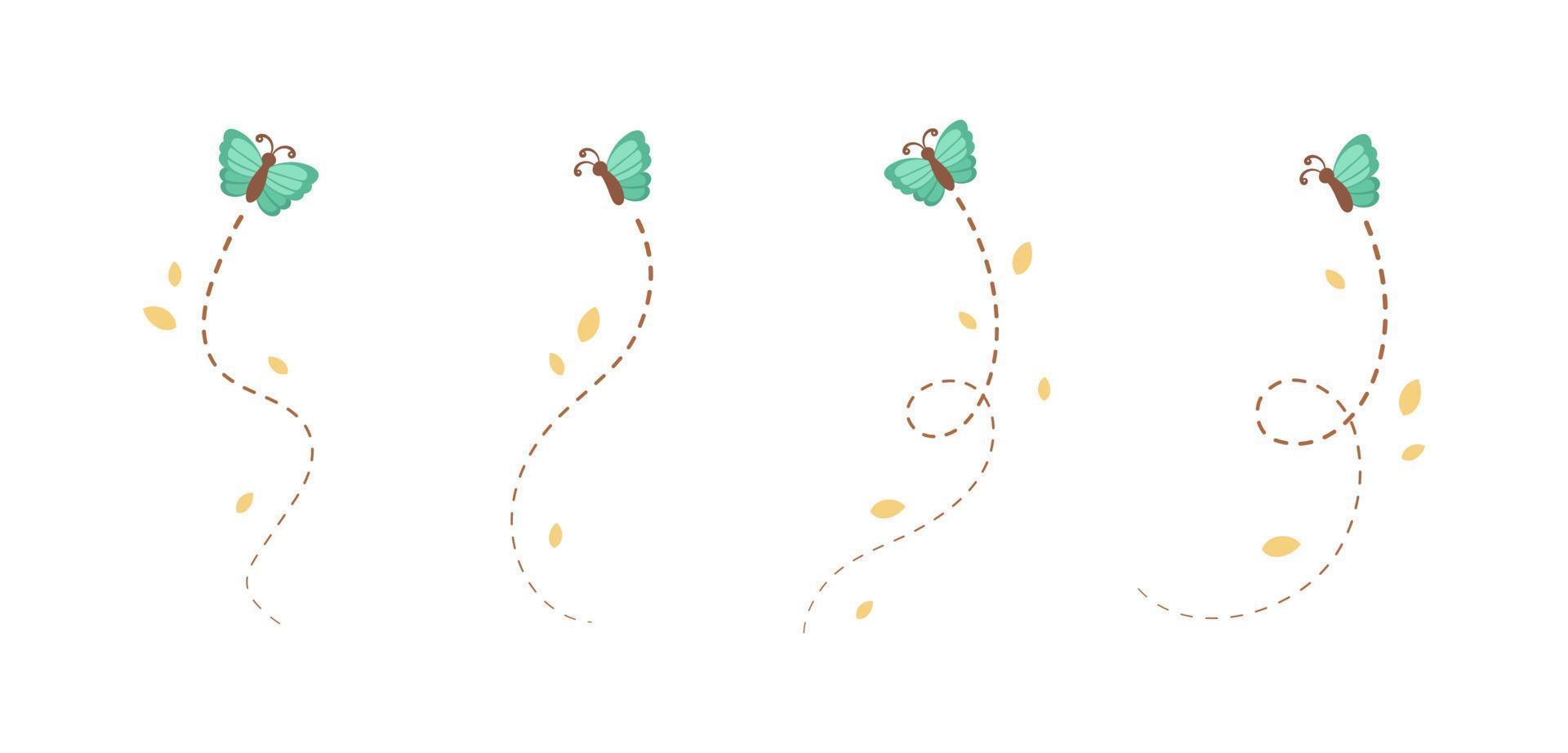 fliegend Schmetterling Weg mit gestrichelt Linie Route Satz. Natur Frühling Sommer- Gekritzel Illustration Design Element vektor