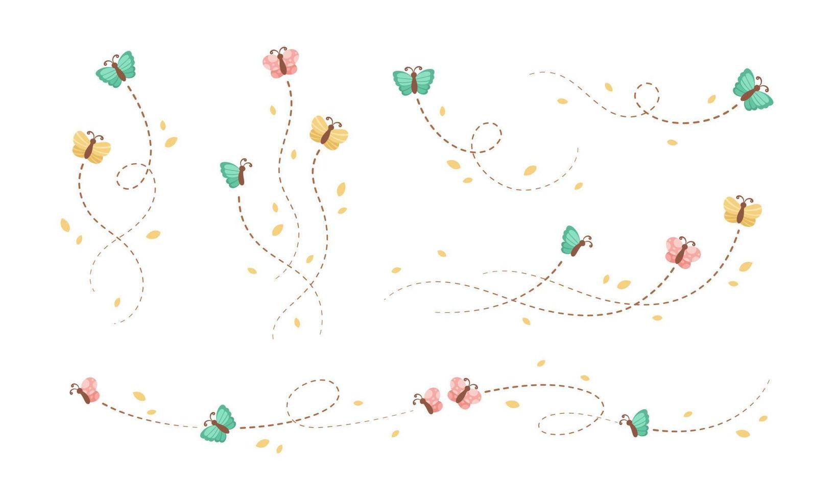 fliegend Schmetterling Weg mit gestrichelt Linie Route Satz. Natur Frühling Sommer- Gekritzel Illustration Design Element vektor