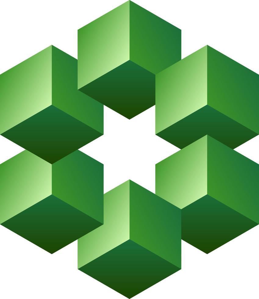 3d optisk illusion form. 3d omöjlig form av kuber. vektor illustration av grön kub. 3d illusion av geometrisk för logotyp, design, utbildning eller konst. perspektiv illusion sexhörning form illustration